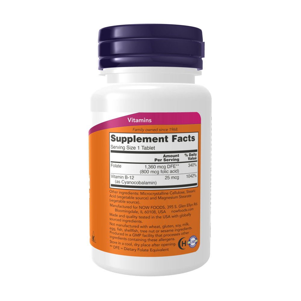 Maintenant - Acide folique 800 mcg + B-12 25 mcg - Végétarien 250 comprimés