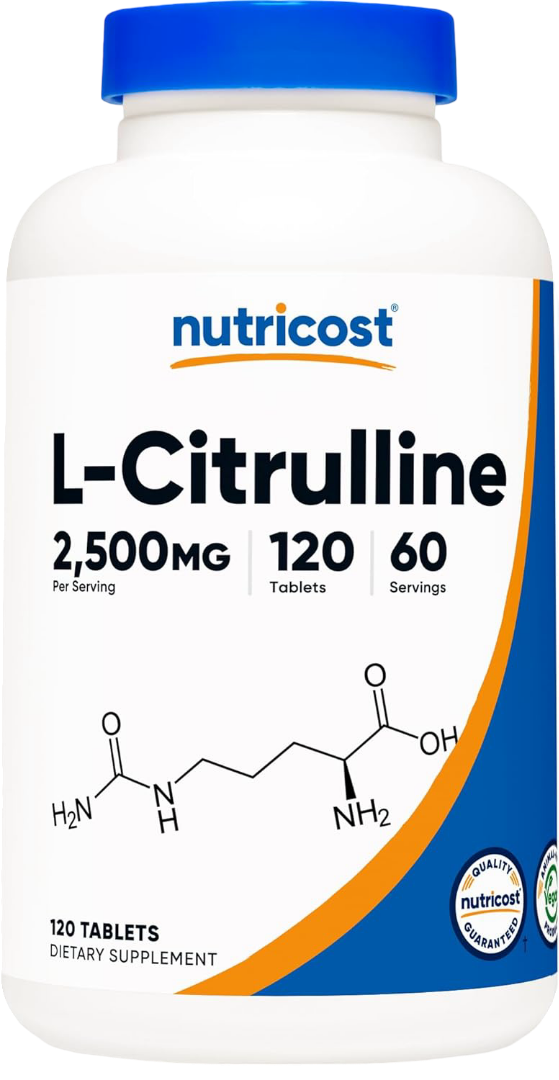 Nutricost L-Citrulline supplement bottle with blue cap and white body.