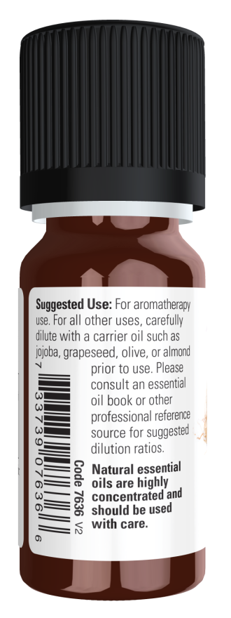 Now Foods Essential oil bottle with label on a white background