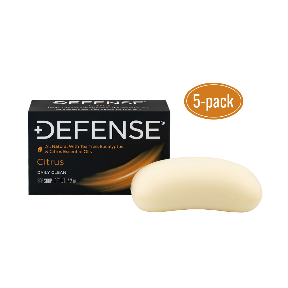 Defense soap bar with packaging on a white background