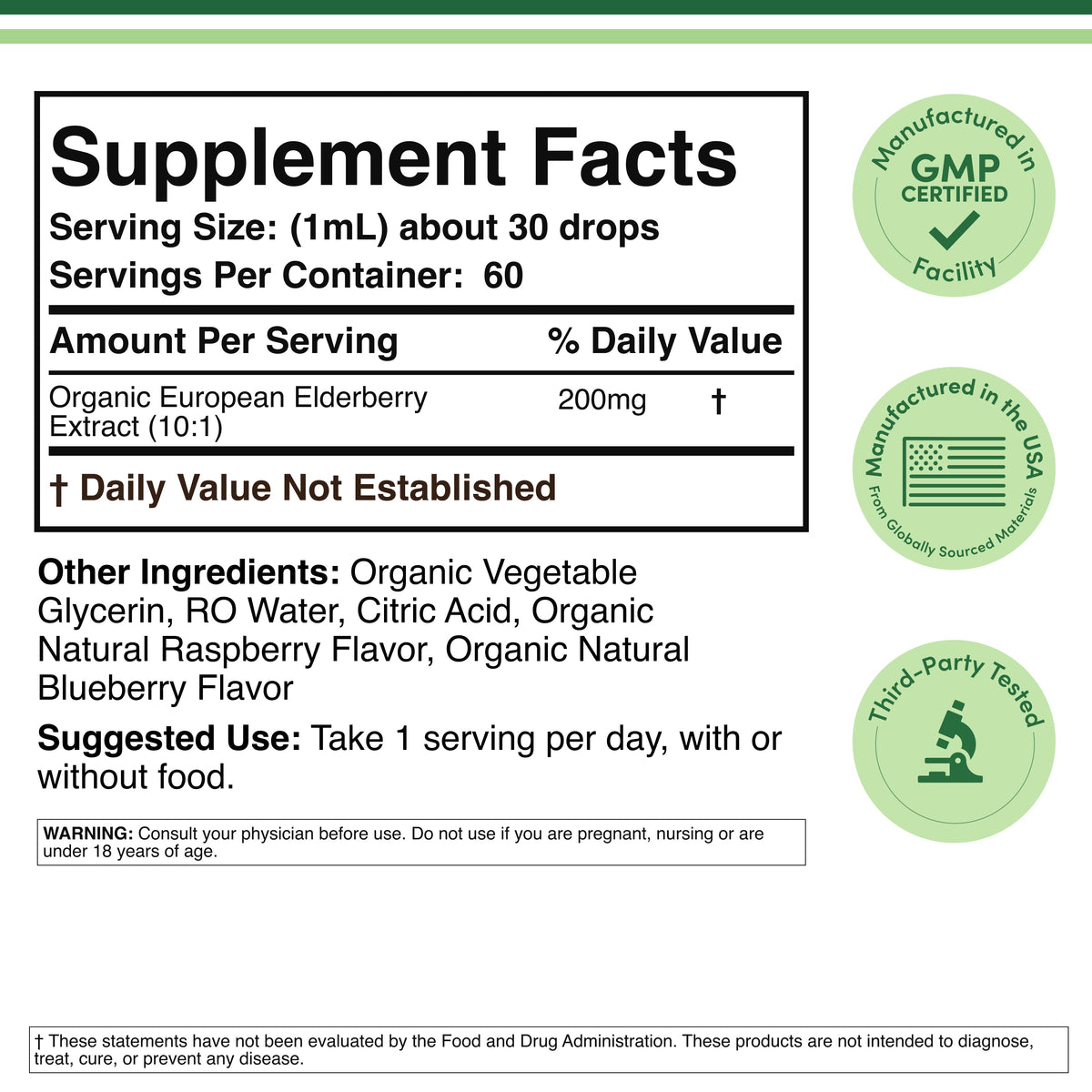 Supplement facts label with certification logos on a white background
