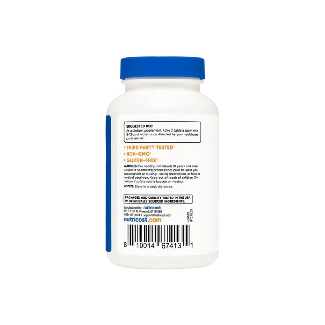 Supplement bottle with blue cap and white label on a white background
