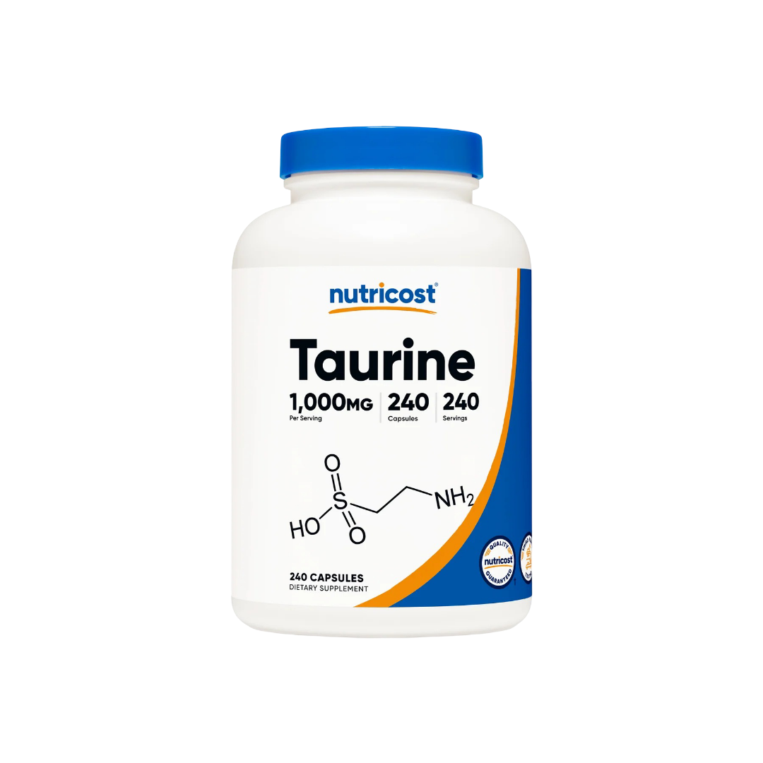 Nutricost Taurine supplement bottle on a white background