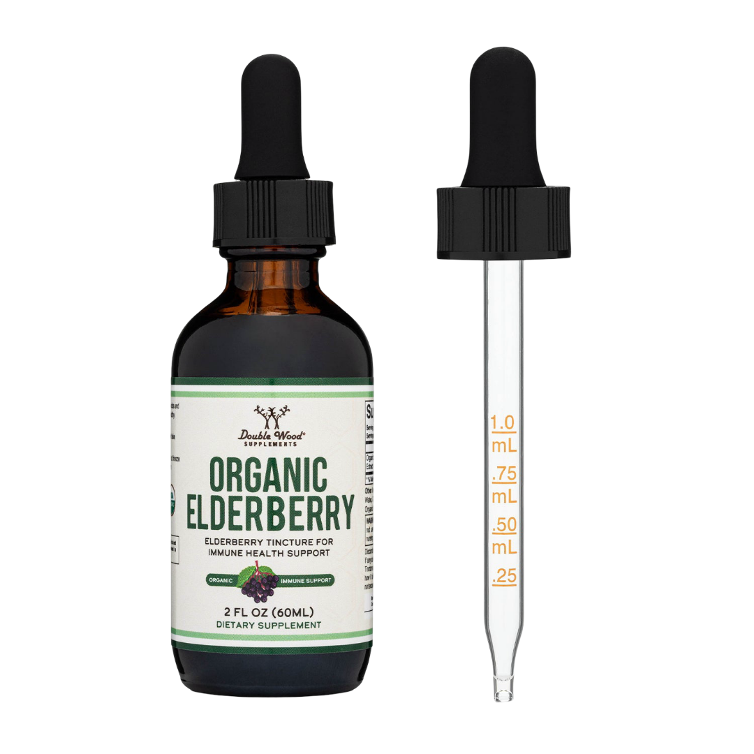 Organic Elderberry tincture bottle with dropper on a white background