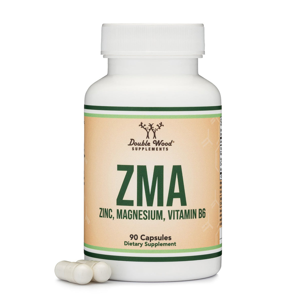 Supplement bottle labeled 'ZMA' with capsules on a white background