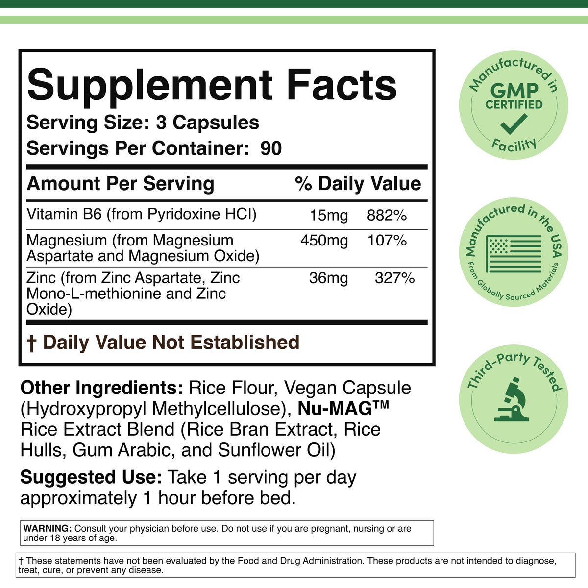 Supplement facts label with nutritional information and manufacturing details.