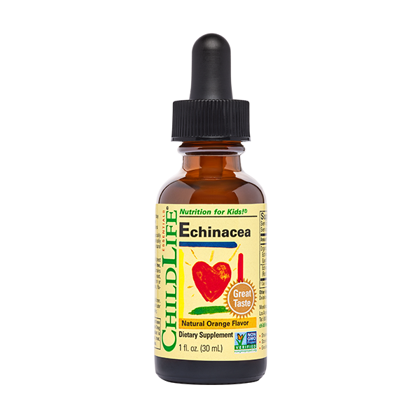 A bottle of Childlife Echinacea supplement with a dropper, labeled as a natural orange flavor dietary supplement for kids.
