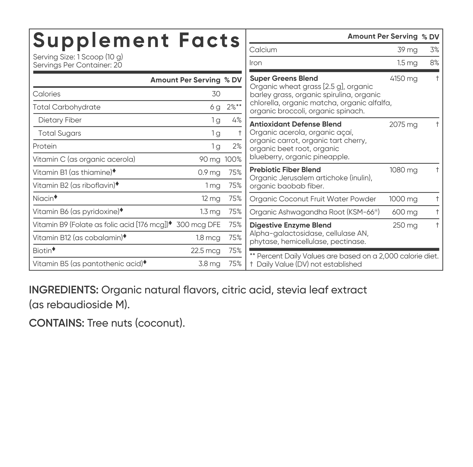 Supplement facts label with detailed nutritional information on a white background