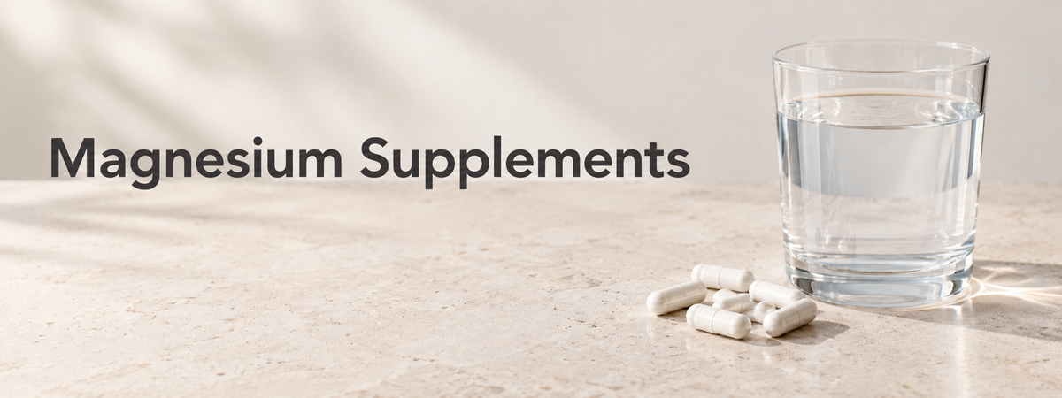 Magnesium capsules beside a glass of water