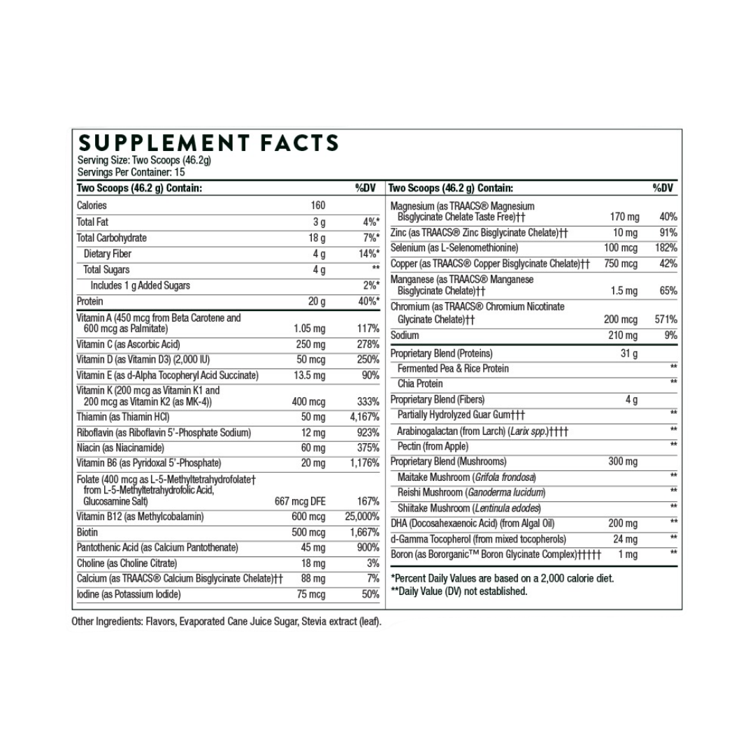 Supplement facts label with detailed nutritional information on a white background