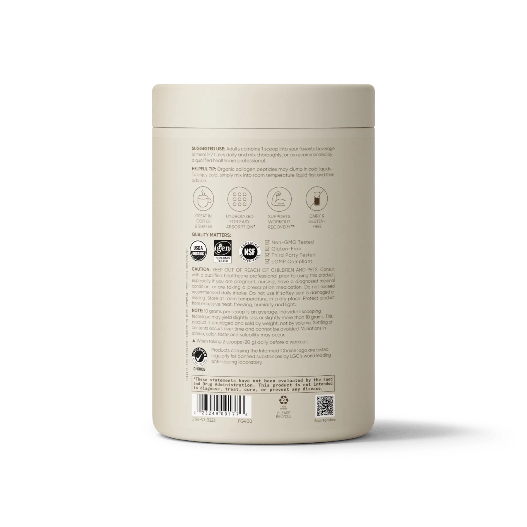 Back view of a beige container with text and icons on a white background