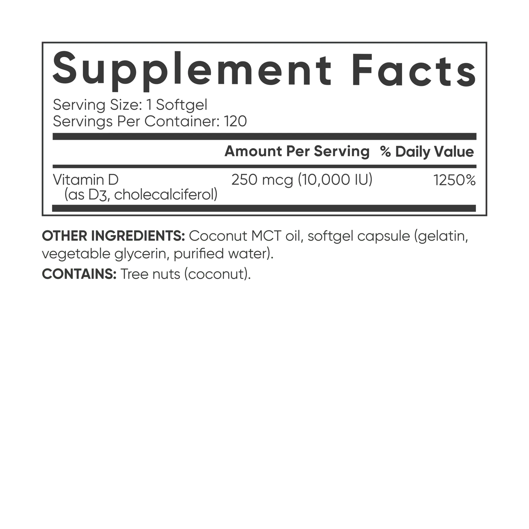 Supplement facts label with vitamin D content on a white background