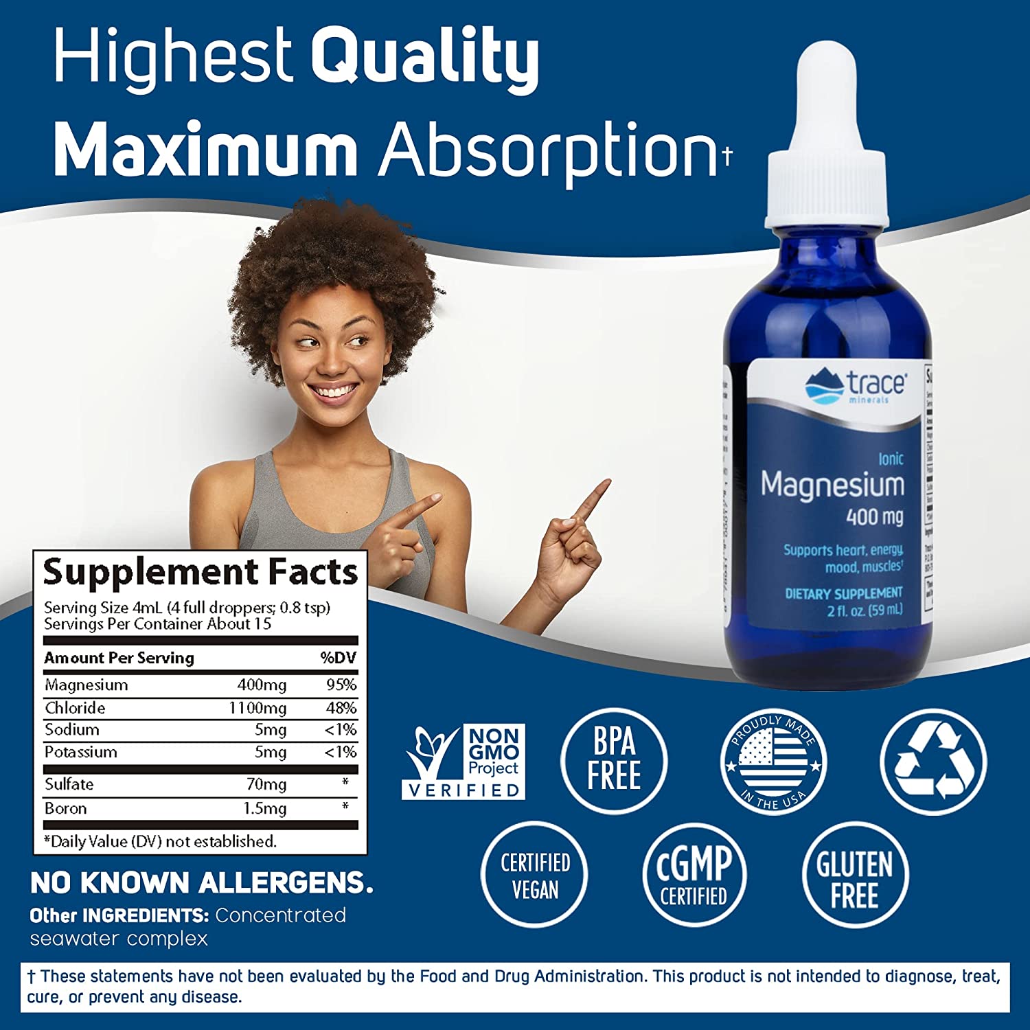 Trace Minerals - Liquid Ionic Magnesium, Supports Heart Health, 400mg - 2 Sizes