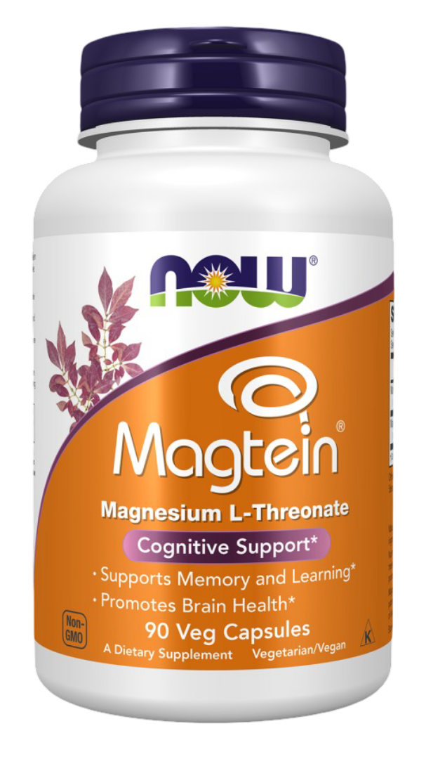 NOW Supplement bottle labeled 'Magtein' with purple cap and orange label on a white background