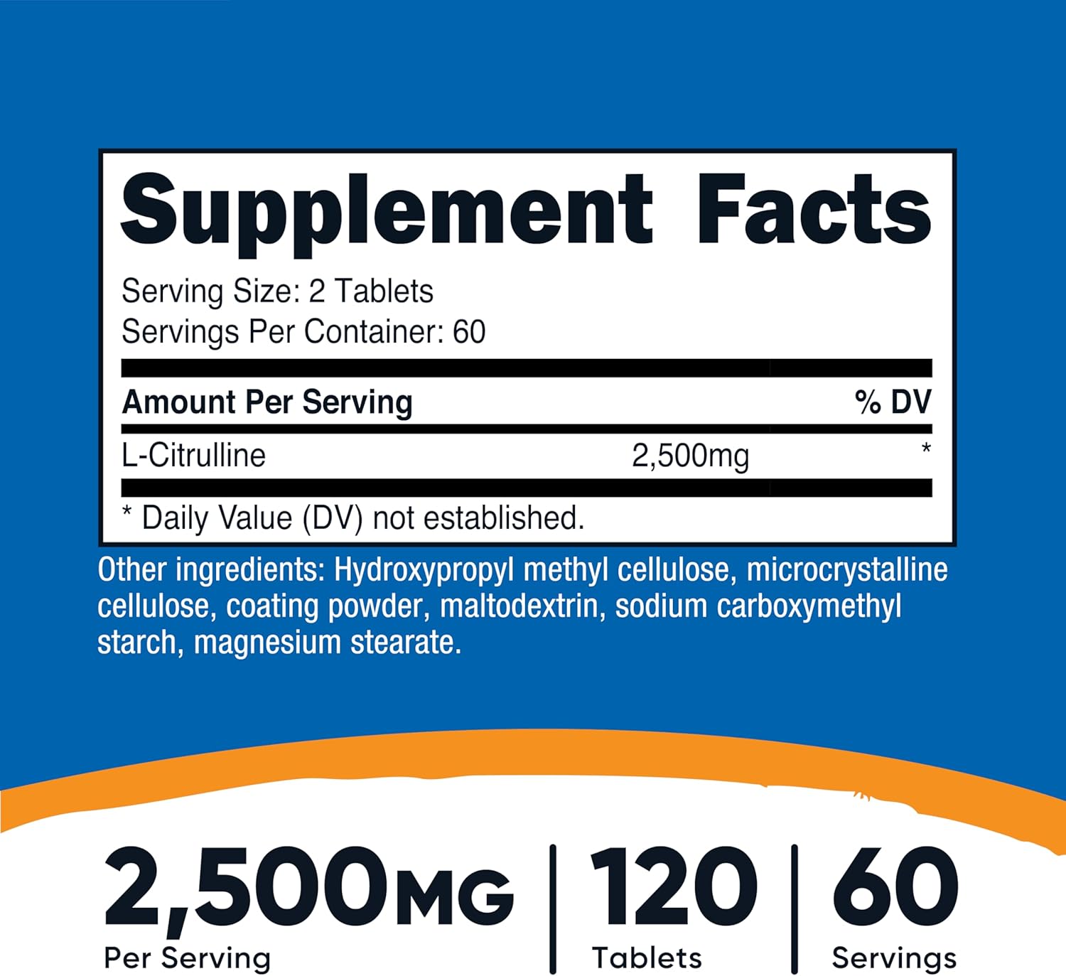 Supplement facts label with L-Citrulline on a blue and white background
