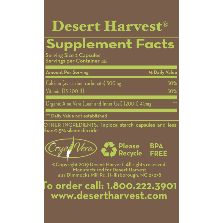 Desert Harvest - Calcium et vitamine D3 avec aloe vera super puissant (90 gélules)