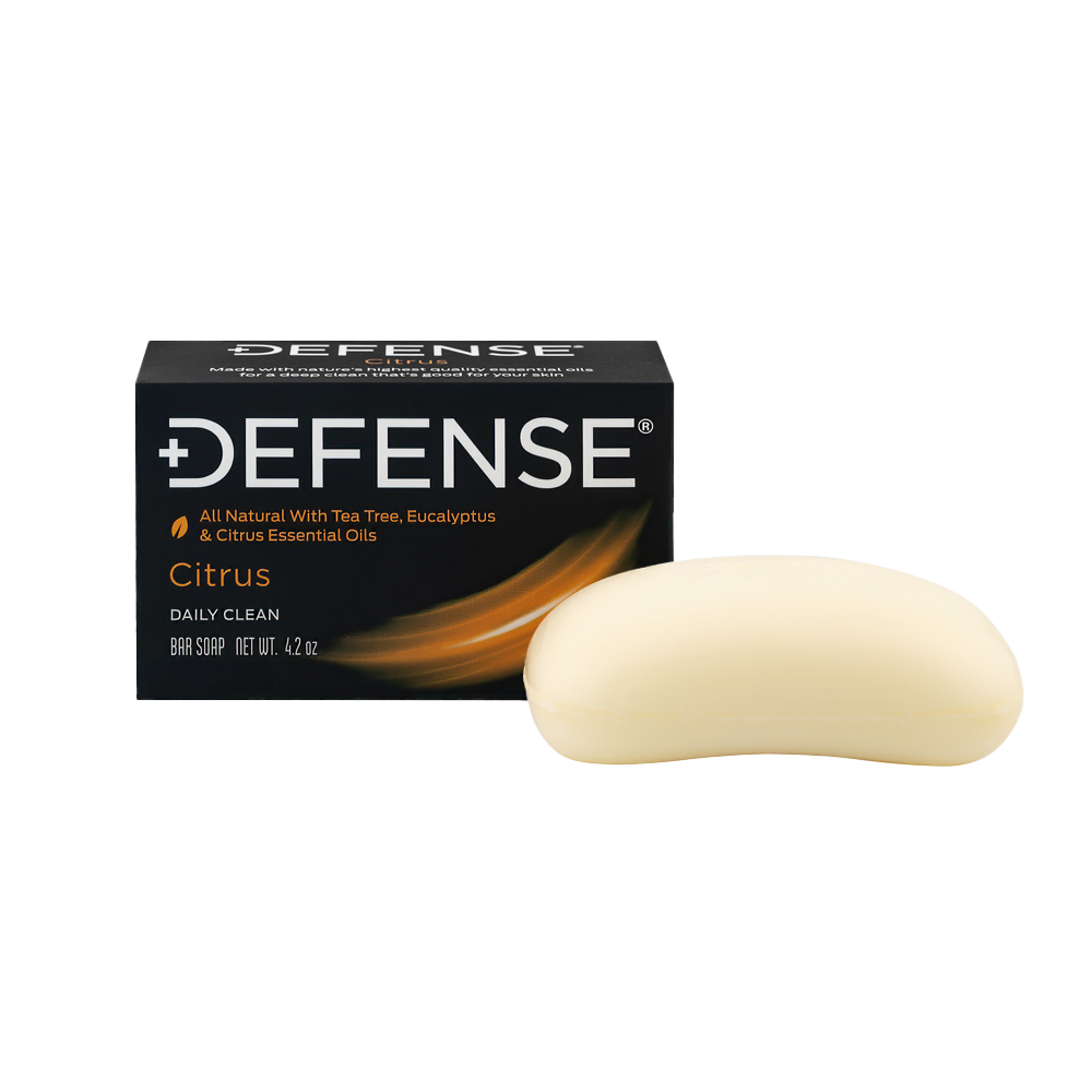 Defense bar soap with packaging on a white background