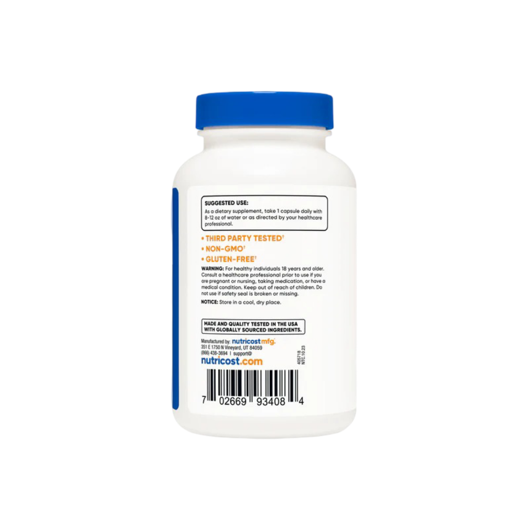 Supplement bottle with blue cap and white label on a white background