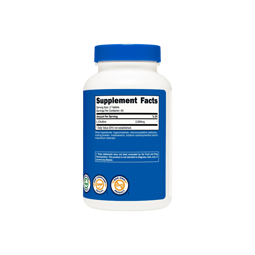 Supplement bottle with blue cap and label on a white background
