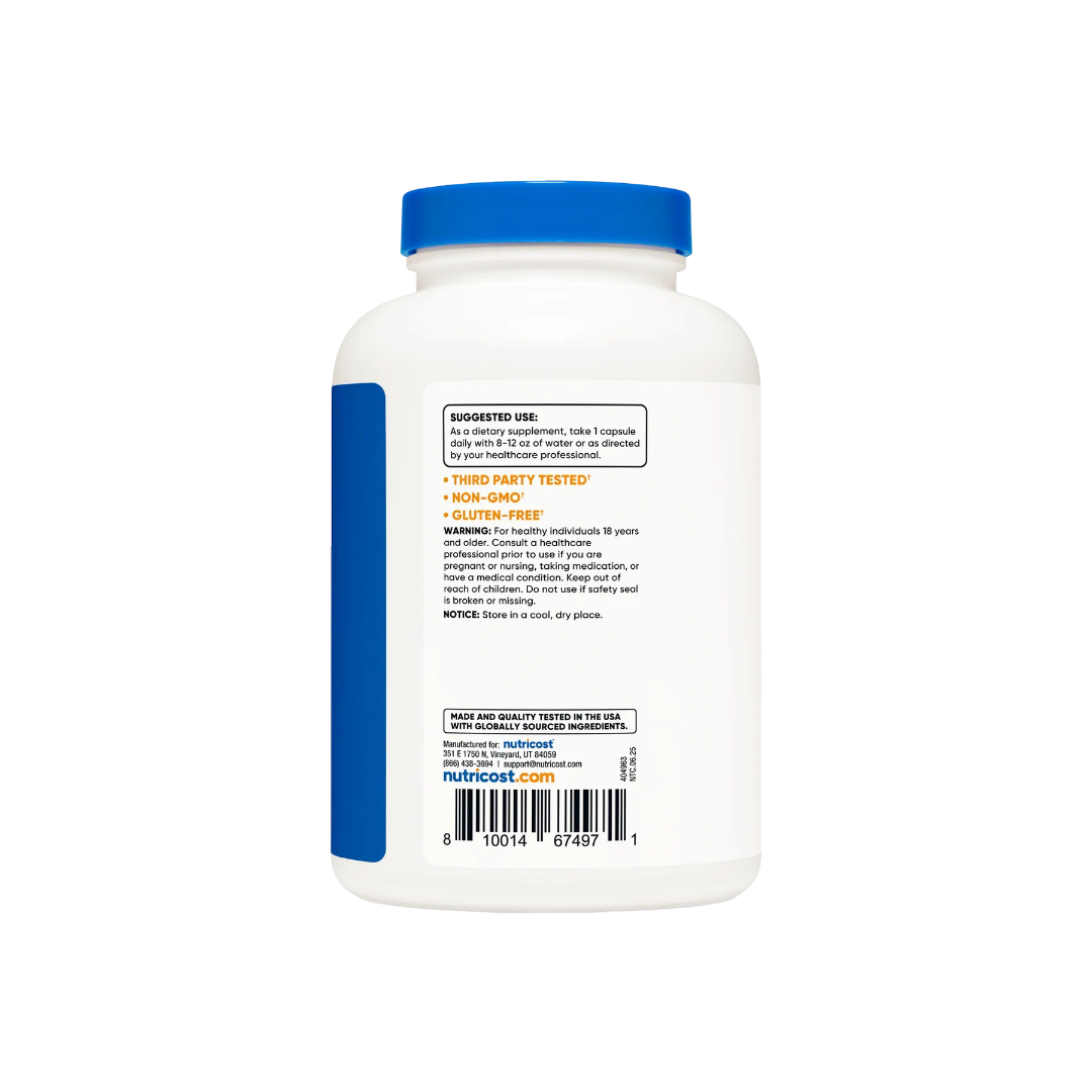 Nutricost White supplement container with blue cap and label on a white background