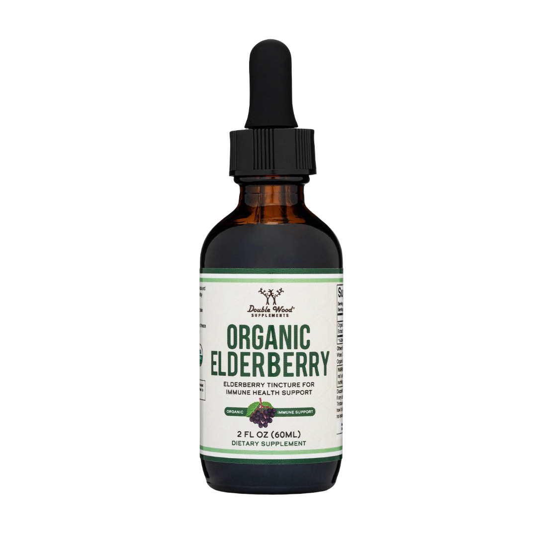 Bottle of Organic Elderberry tincture with dropper on a white background