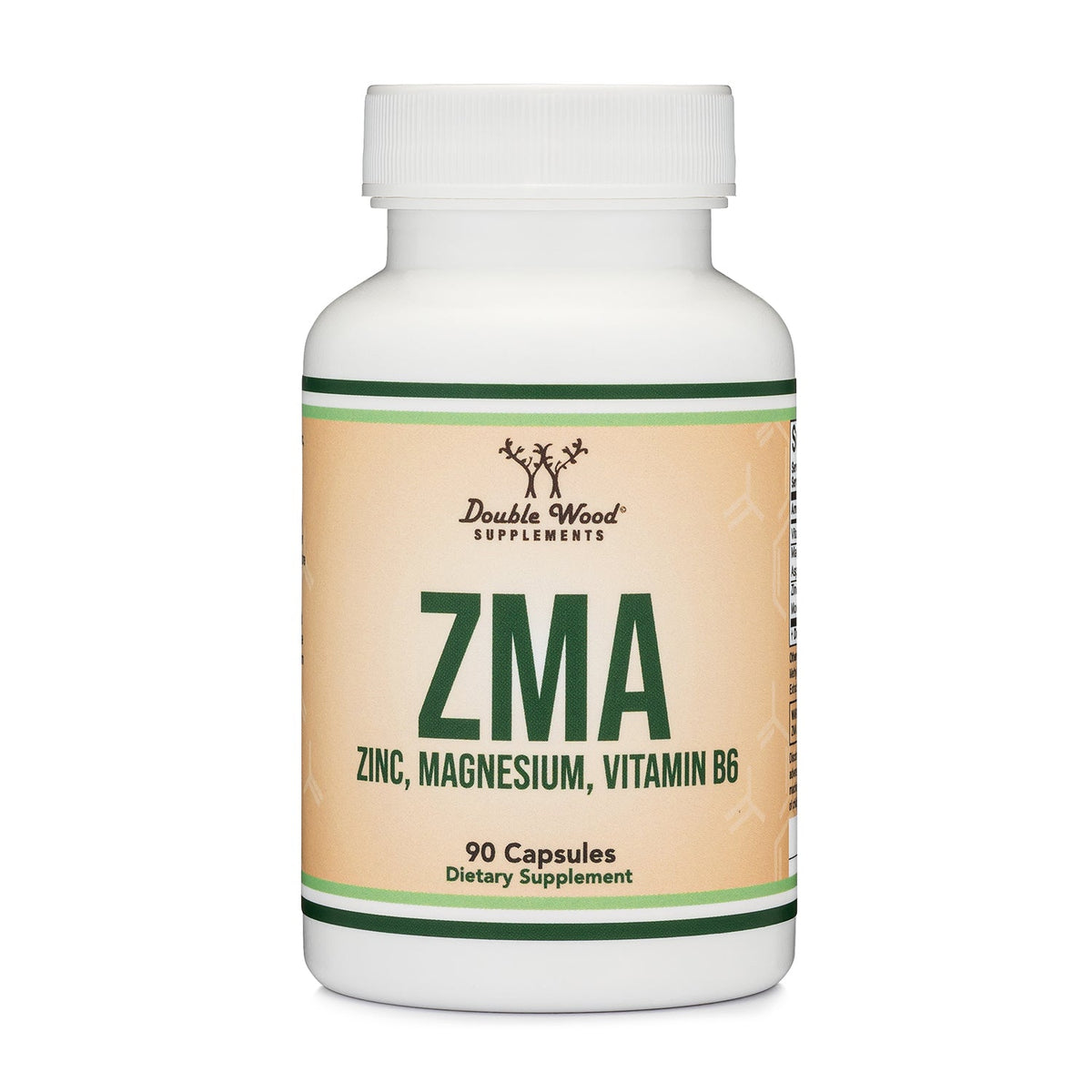 Supplement bottle labeled 'ZMA' with Double Wood Supplements branding on a white background