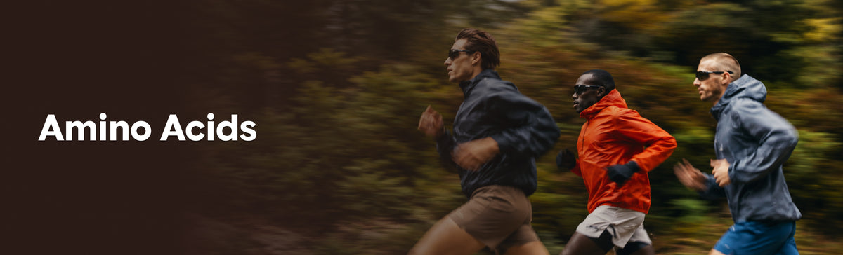 Amino acid supplements lifestyle banner featuring runners exercising outdoors.