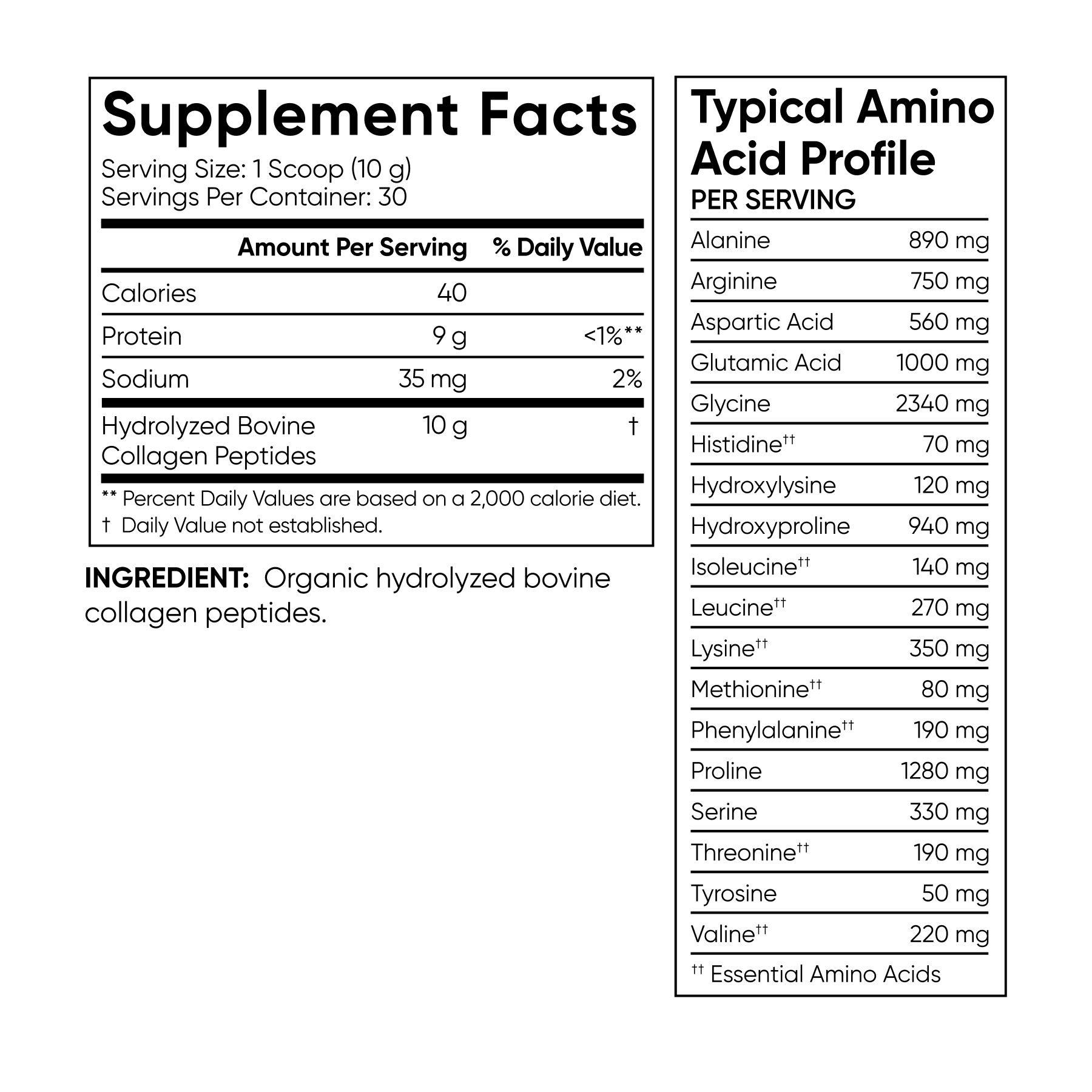 Supplement facts and amino acid profile on a green background