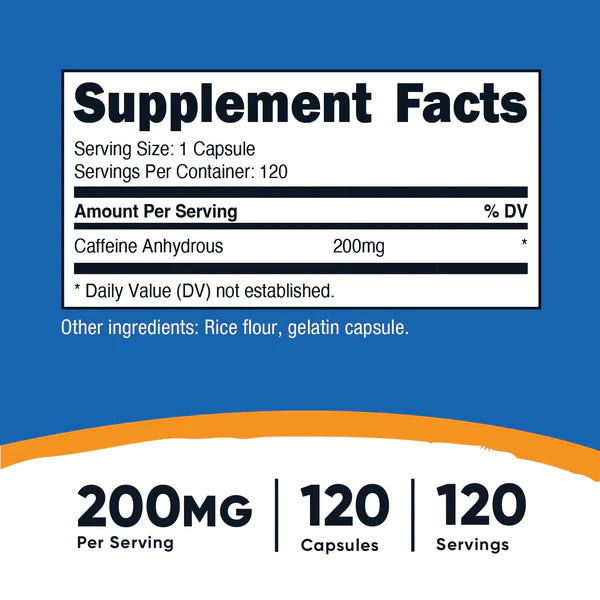 Nutricost - 咖啡因 200 毫克，120 粒膠囊