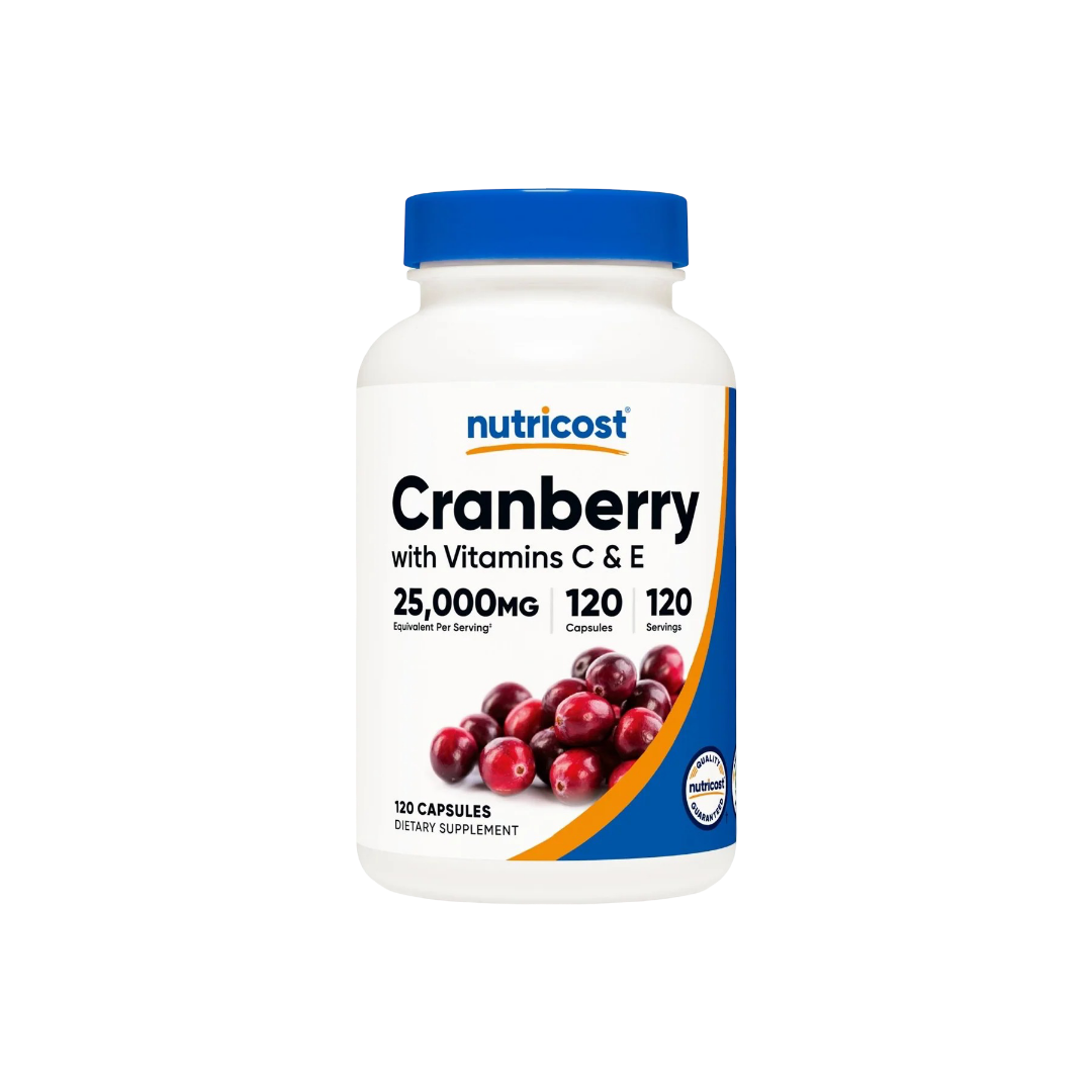 Nutricost Cranberry supplement bottle with blue cap on a white background