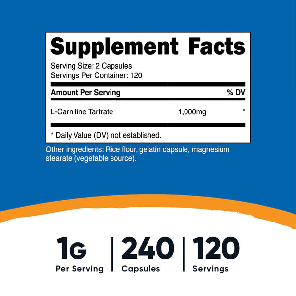 Nutricost - 左旋肉鹼酒石酸鹽 500 毫克，240 粒膠囊