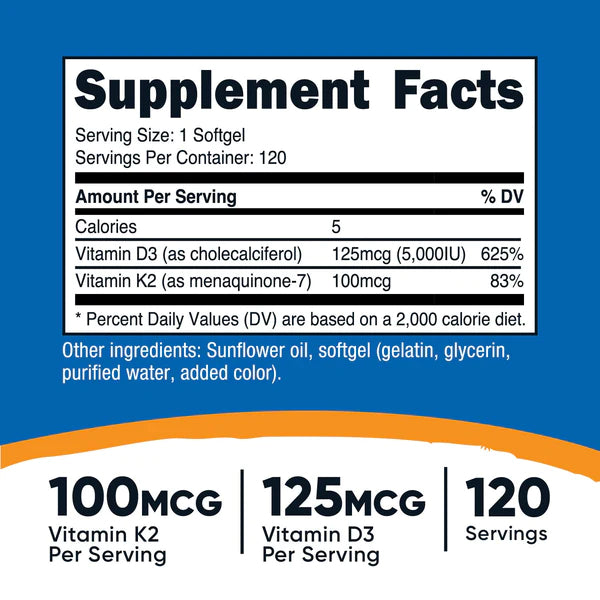 Nutricost - 維生素 K2（100 微克）+ 維生素 D3（5000 IU）120 粒 SFG