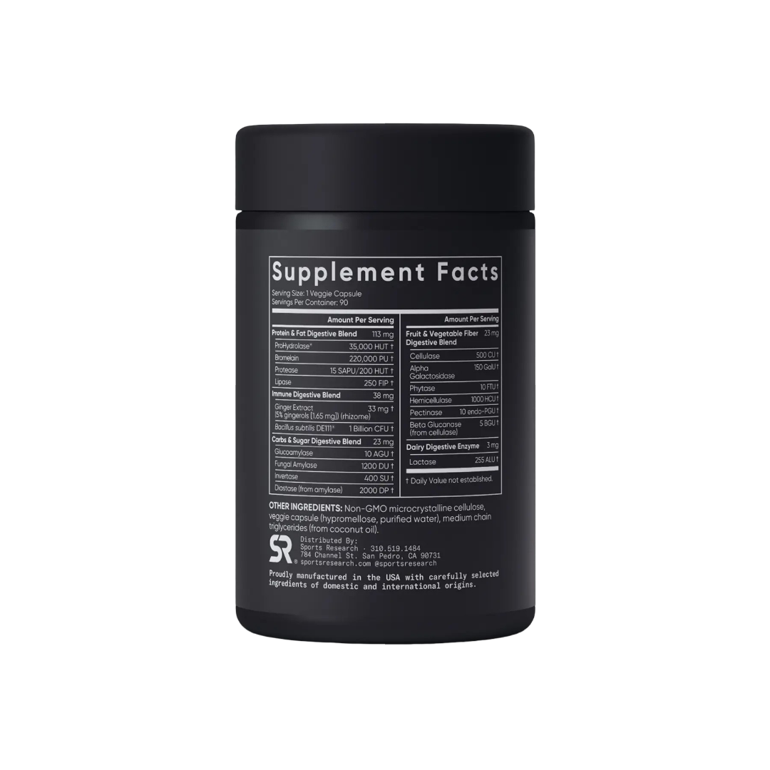 Sports Research black supplement container with 'Supplement Facts' label on a white background