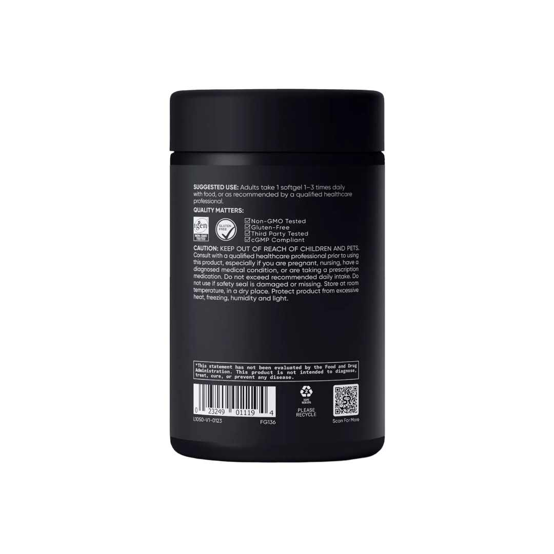 Black container with text and labels on a white background