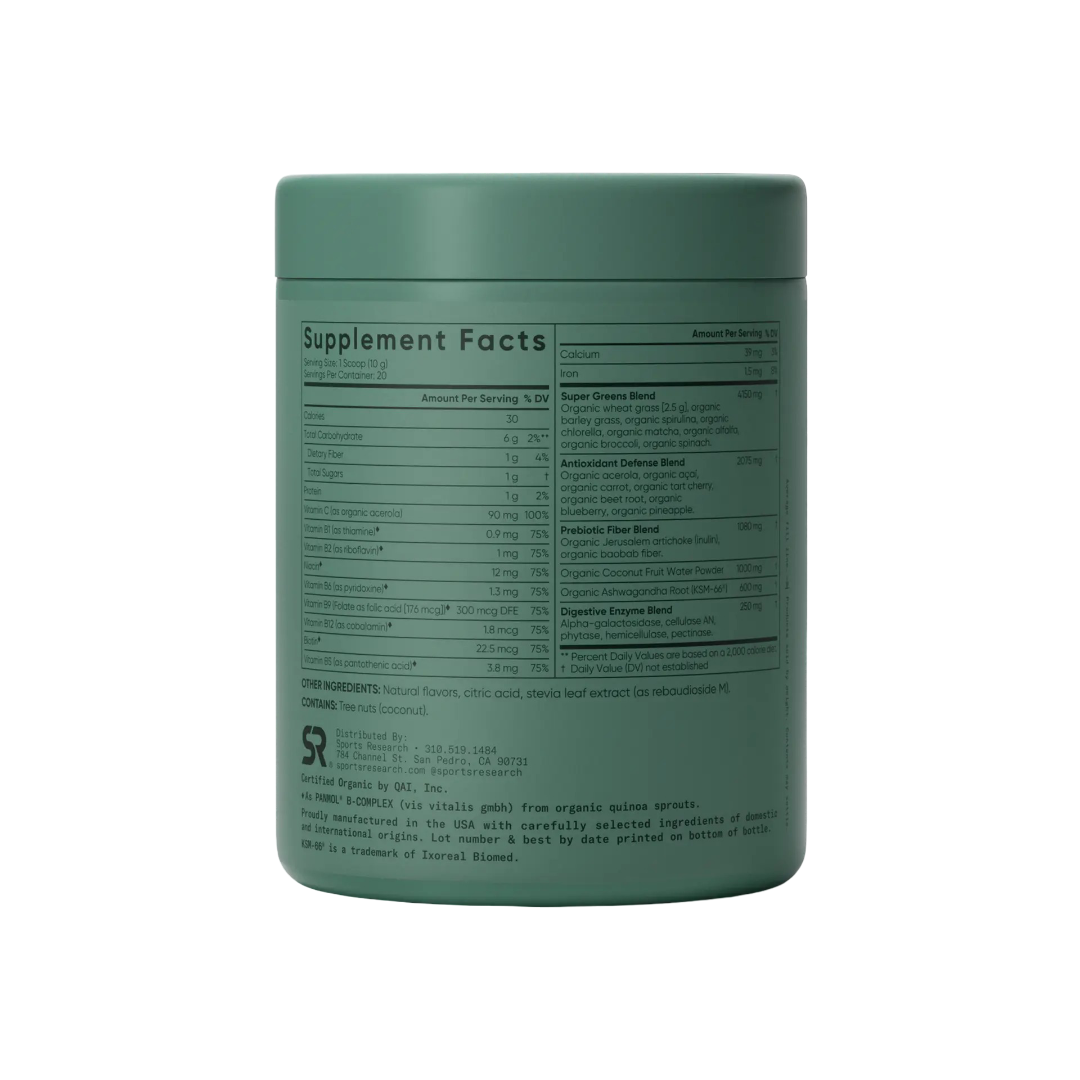 Green supplement container with 'Supplement Facts' label on a white background
